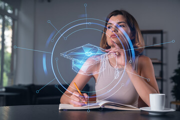 Smiling woman in casual wear taking notes in notebook at office workplace with coffee cup. Concept of distant business education, information technology, dreaming, thinking. Math drawings