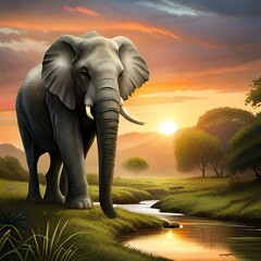 Fototapeta na wymiar elephant walking in forest near to lake with sun shine, Generative ai 