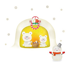 かまくらで餅を焼くくまの親子のイラスト