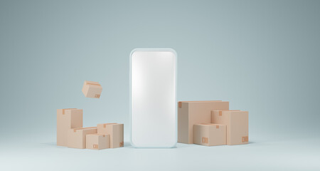 3d Logistic service application concept, Global logistics network, smartphone, and packaging on blue background. 3D rendering.