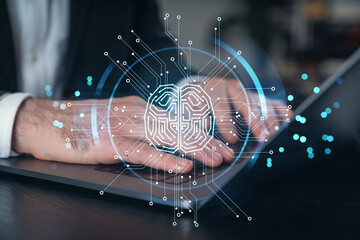 Woman typing on laptop at office workplace in background. Concept of working process, internet surfing, online business education. Student send e-mail. Close up view. Hands Shot. Technology Ai