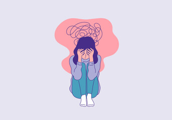 depressed woman sitting face palm pose outline colored illustration