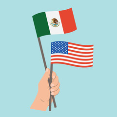 Flags of Mexico and USA, Hand Holding flags