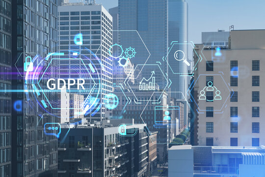 Panorama cityscape of Los Angeles downtown at summer day time, California, USA. Skyscrapers of LA city. GDPR hologram, concept of data protection regulation and privacy for all individuals in EU Area