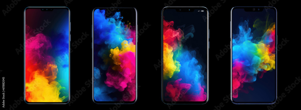 Poster smartphone with colourful smokes in mobile screen , created with generative ai