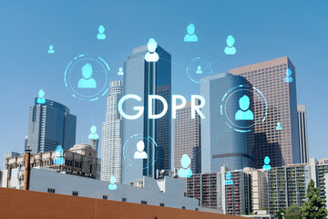 Obraz premium Panorama cityscape of Los Angeles downtown at summer day time, California, USA. Skyscrapers of LA city. GDPR hologram, concept of data protection regulation and privacy for all individuals in EU Area