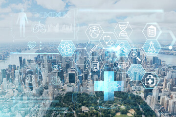 Aerial panoramic helicopter city view of Midtown Manhattan neighborhoods and Central Park, New York, USA. Health care digital medicine hologram. The concept of treatment and disease prevention