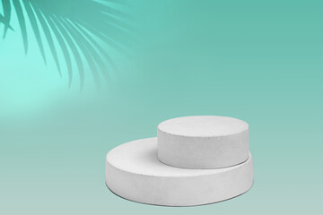 Podium for Cosmetics, Soap, Items Presentation. Abstract Minimal Geometric Sphere. Cylinder Two Forms, Soft Shadow. Scene to Show Product, Object. Showcase Display Case. Palm Leaf, Cian Tones Ad Stand