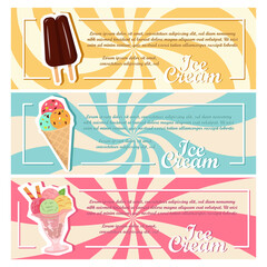 Summer. Ice cream, banana, watermelon, beach shorts and the sea. Set of vector illustrations. Abstract vector background. Card posters, cover art, flyer, banner