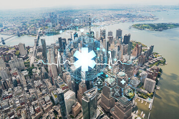 Aerial panoramic helicopter city view, Lower Manhattan, Downtown, New York, USA. World Trade Center, bridges. Health care digital medicine hologram. The concept of treatment and disease prevention