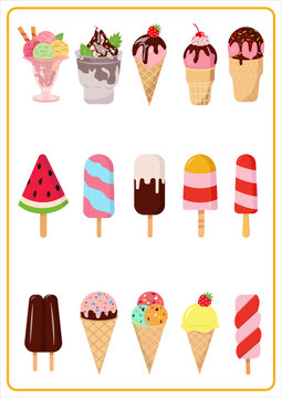 Ice cream summer collection set, vector illustration. Hot weather and sweet food
