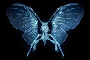 Xray image of strange exotic winged creature, ultra-realistic on dark background, AL generated