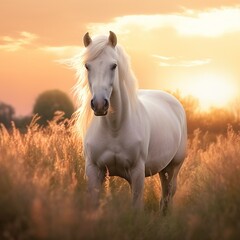 Fototapeta premium Golden Reverie: The Albino White Horse in the Sunset Plains 6, generated by generative AI