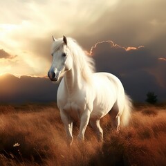 Obraz na płótnie Canvas Golden Reverie: The Albino White Horse in the Sunset Plains 3, generated by generative AI