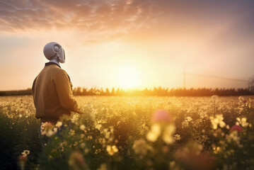 Fototapeta premium Robot in men close in the flower field at evening sun light. AI generated