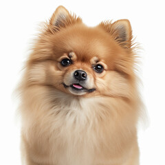 Adorable pomeranian dog portrait looking at camera isolated on white background as concept of domestic pet in ravishing hyper realistic detail by Generative AI.