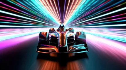Foto auf Acrylglas Speeding Sports Car On Neon Highway. Powerful acceleration of a supercar on a night track with colorful lights and trails. 3d illustration Generative AI. © Pro Hi-Res