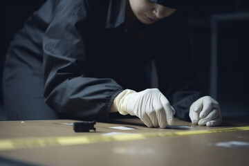 unrecognizable female forensic scientist looking at a pistol bullet evidence at the crime scene, Crime scene lights visible in the background