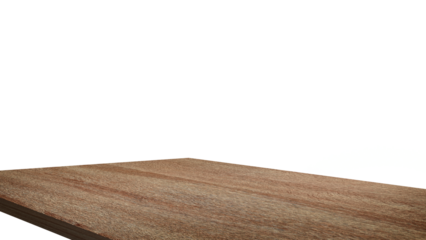 wooden table corner at  foreground used as product displayed isolated on background with clipping path. perspective view of wooden table showing edge of table.
