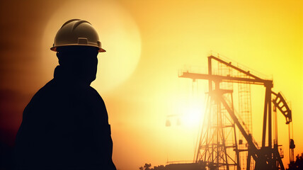 Silhouettes men in helmet and oil derricks taking oil at dusk with the sun in the background. AI generated