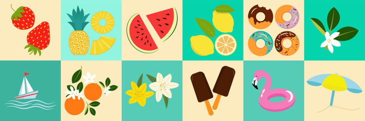 Summer and beach item, fruit or ice cream set with cute illustrations vector icon