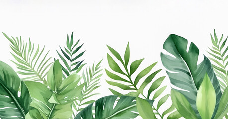 Mix Green tropical leaves on white background. Watercolour hand painting, Ai generated