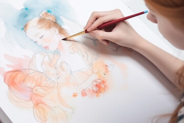 Unrecognizable Girl artist hand holds paint brush and draws surreal fairy tale portrait on white canvas