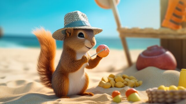 A playful squirrel building a sandcastle at the beach, with a tiny shovel and pail, wearing a beachball necklace and sun hat - Generative Ai