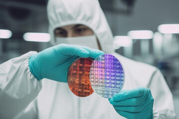 unrecognizable male technician in sterile coverall holds wafer that reflects many different colors with gloves and check it at semiconductor manufacturing plant