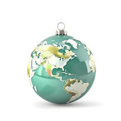 Christmas ball with earth map print, isolated on white background, ai generated
