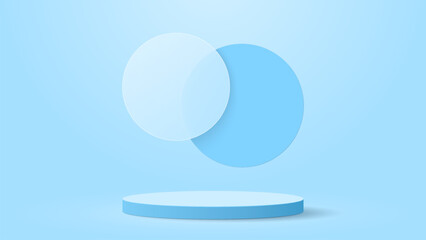 Blue 3D podium with circle floating overlap. Vector illustration. Eps10 