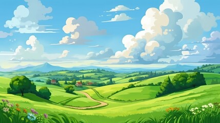 Obraz premium Rolling Summer Hills, Green Pastures, Blue Sky with Fluffy Clouds, Abstract Cartoon Art, Digital Illustration, Generative AI