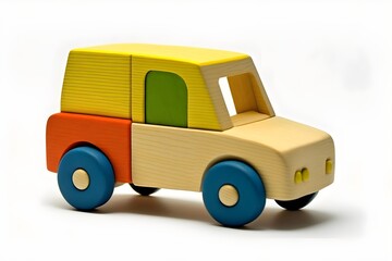 Wooden kids car toy isolated on white, ai generated