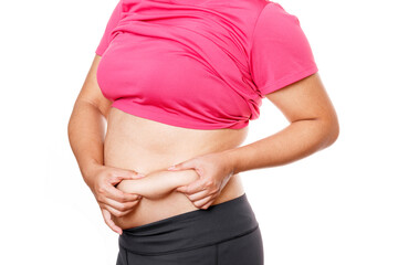 Woman touching his fat belly on white background. Woman hand holding excessive belly fat