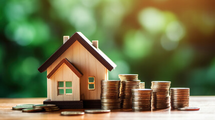 House and money coins on green defocus background. Concept for property, mortgage and real estate investment. Generative AI