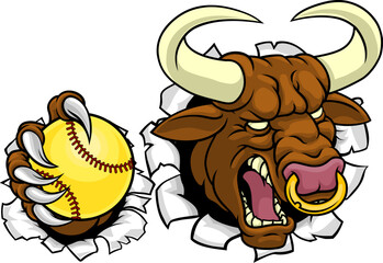 A bull or Minotaur monster longhorn cow angry mean softball mascot cartoon character.
