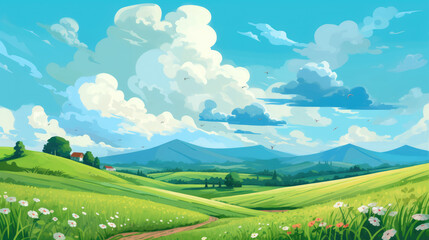 Rolling Summer Hills, Green Pastures, Blue Sky with Fluffy Clouds, Abstract Cartoon Art, Digital Illustration, Generative AI