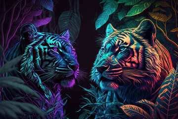 Tigers in jungle under the neon lights. Generative ai