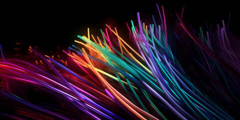Fototapeta premium Coloured electric cables and led, optical fiber, intense colours, background for technology image and new business trends on dark background. AI generated