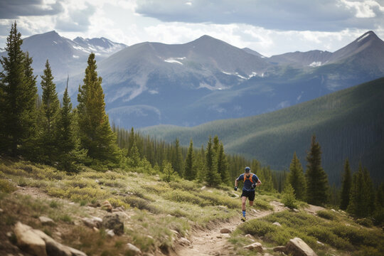unrecognizable man competes in a long distance trail running race in the Rocky Mountains