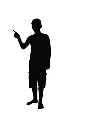 Man standing erect and pointing the finger of his right hand.