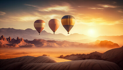 Fototapeta na wymiar Beautiful Generative AI illustration of hot air balloons flying over an epic wild mountain landscape during sunrise golden hour
