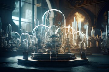 Snow globes in sci fi and cyberpunk style, tech decor made with generative Ai