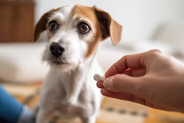 unrecognizable Owner giving medicine in a pill to his sick dog