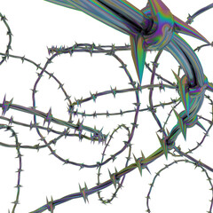 Colorful abstract iridescent barbed wire swirling 3d render on transparent background