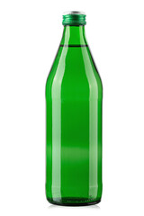 Green glass bottle of mineral water isolated on white background.
