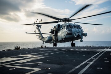 Fototapeta na wymiar Helicopter landing on the deck of a military aircraft carrier. Military helicopter landing on an aircraft carrier, AI Generated
