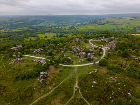 Aerial drone photo of the Brimham Rocks in the Yorkshire Dales National Park. It is a famous rock formation in England.