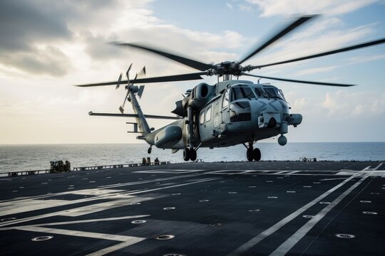 Helicopter Landing On The Deck Of A Military Aircraft Carrier. Military Helicopter Landing On An Aircraft Carrier, AI Generated