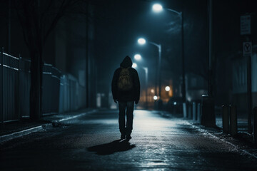 unrecognizable Single Person Walking on Street in the Dark Night